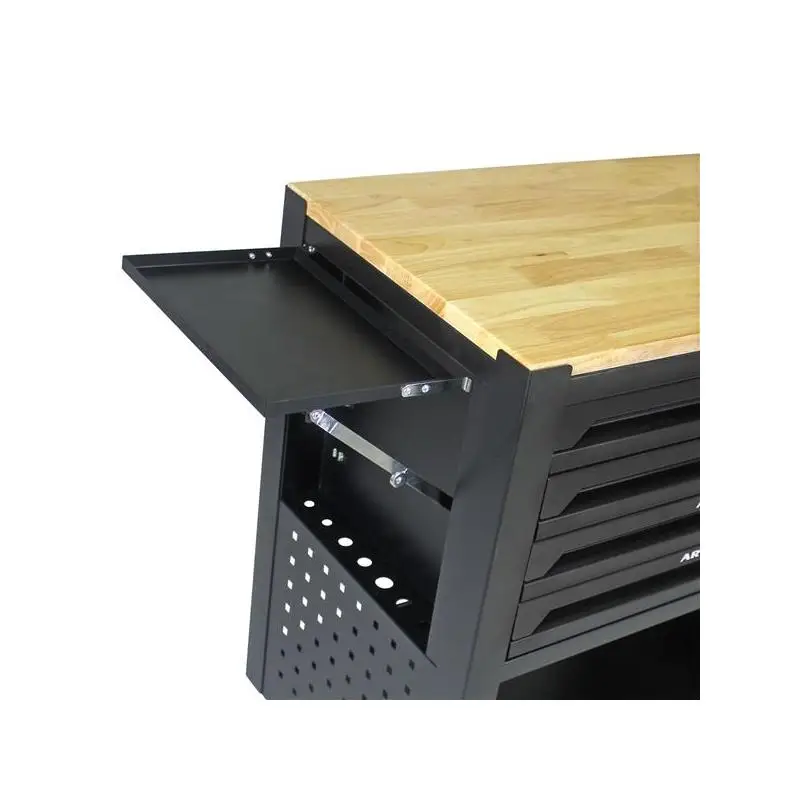 

Многофункциональная тележка для инструментов с 4 ящиками, колесиками и деревянной столешницей - черная