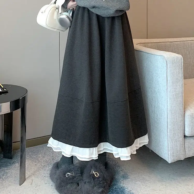 Sweet Autumn and Winter New Style Fungus Edge Splicing Elastic High Waisted Skirt Loose Casual A-line Skirt