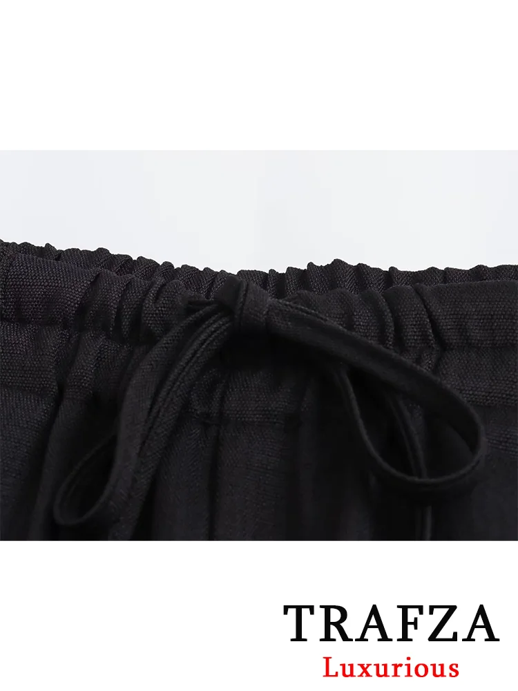 TRAFZA-Blazer preto monocromático vintage feminino, faixas com gola V, blazer sem mangas, cintura alta, calças de pernas largas, moda senhora do