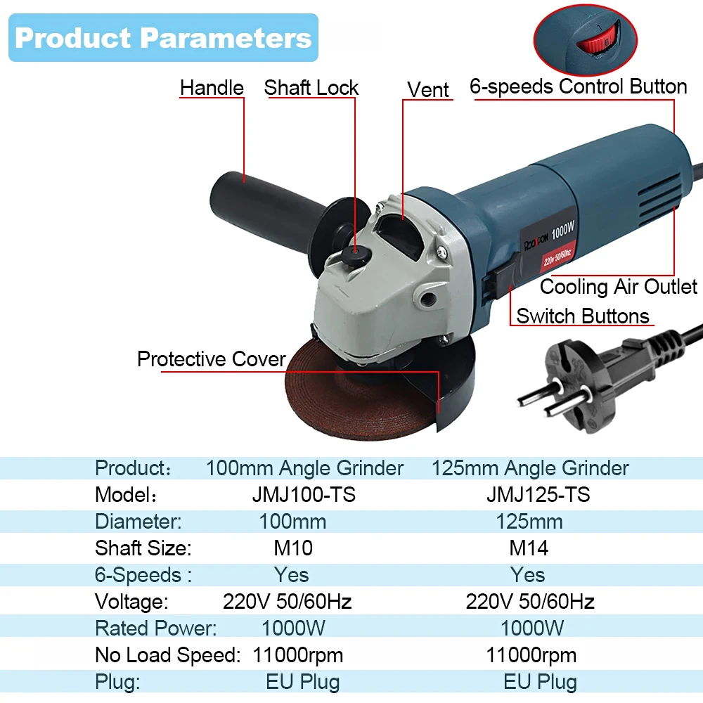 1000W Electric Angle Grinder 220V 100mm 125mm Corded Grinding Machine 6 Variable Speed Grinding Cutting Polishing Power Tool