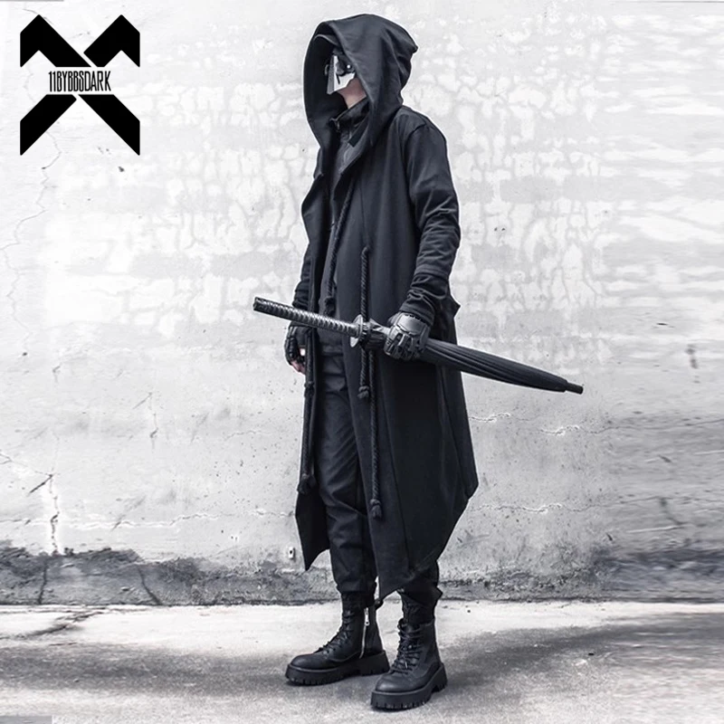 2023 Black Hooded Wizard Trench Coat Windbreaker Men Autumn Long Hoody Jacket Punk Hip Hop Streetwear Men Clothing