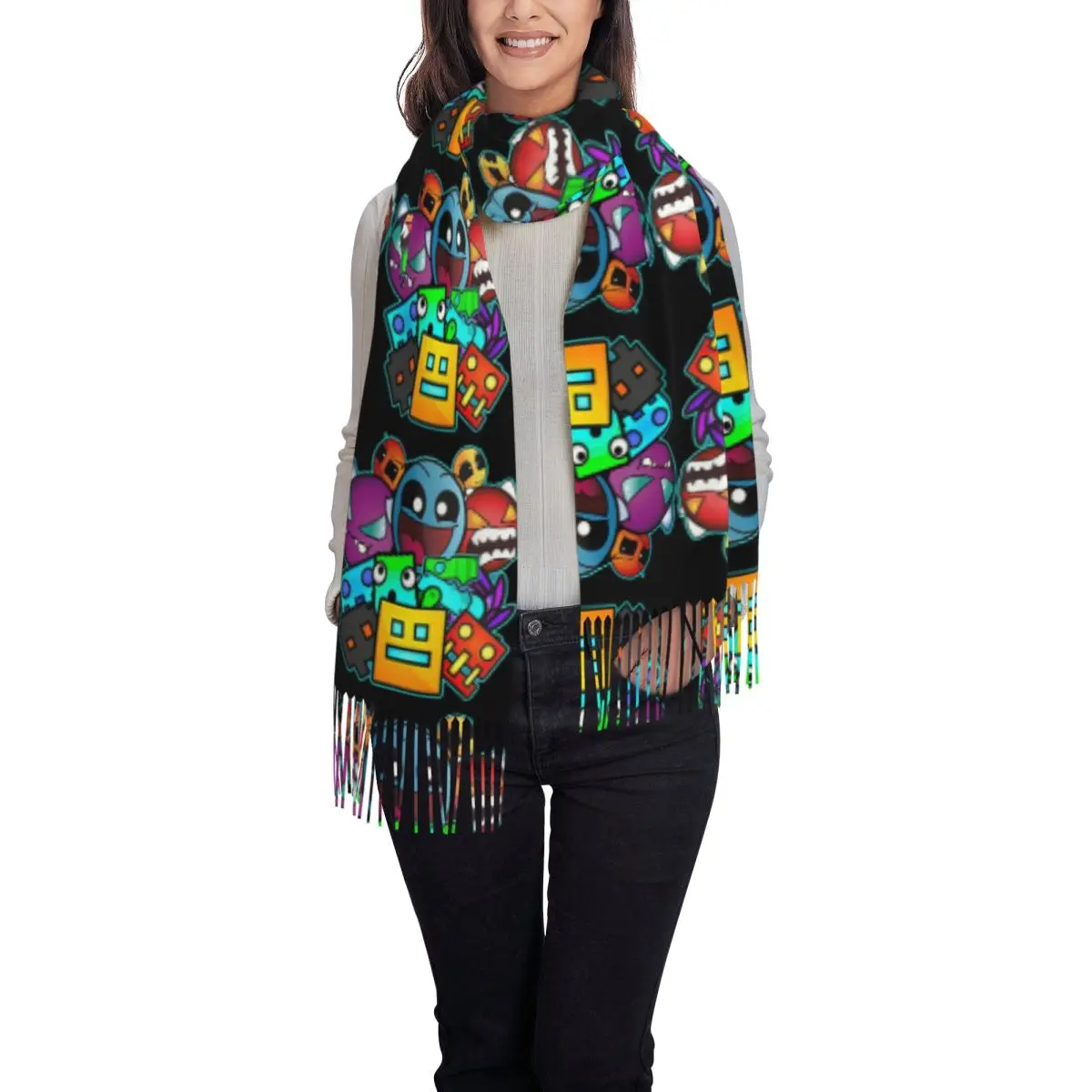 Geometry Dash Game Music Cute Geometric Scarf Tassel Scarves Women Soft Warm Shawls and Wraps Long Fall Winter Shawl Wrap