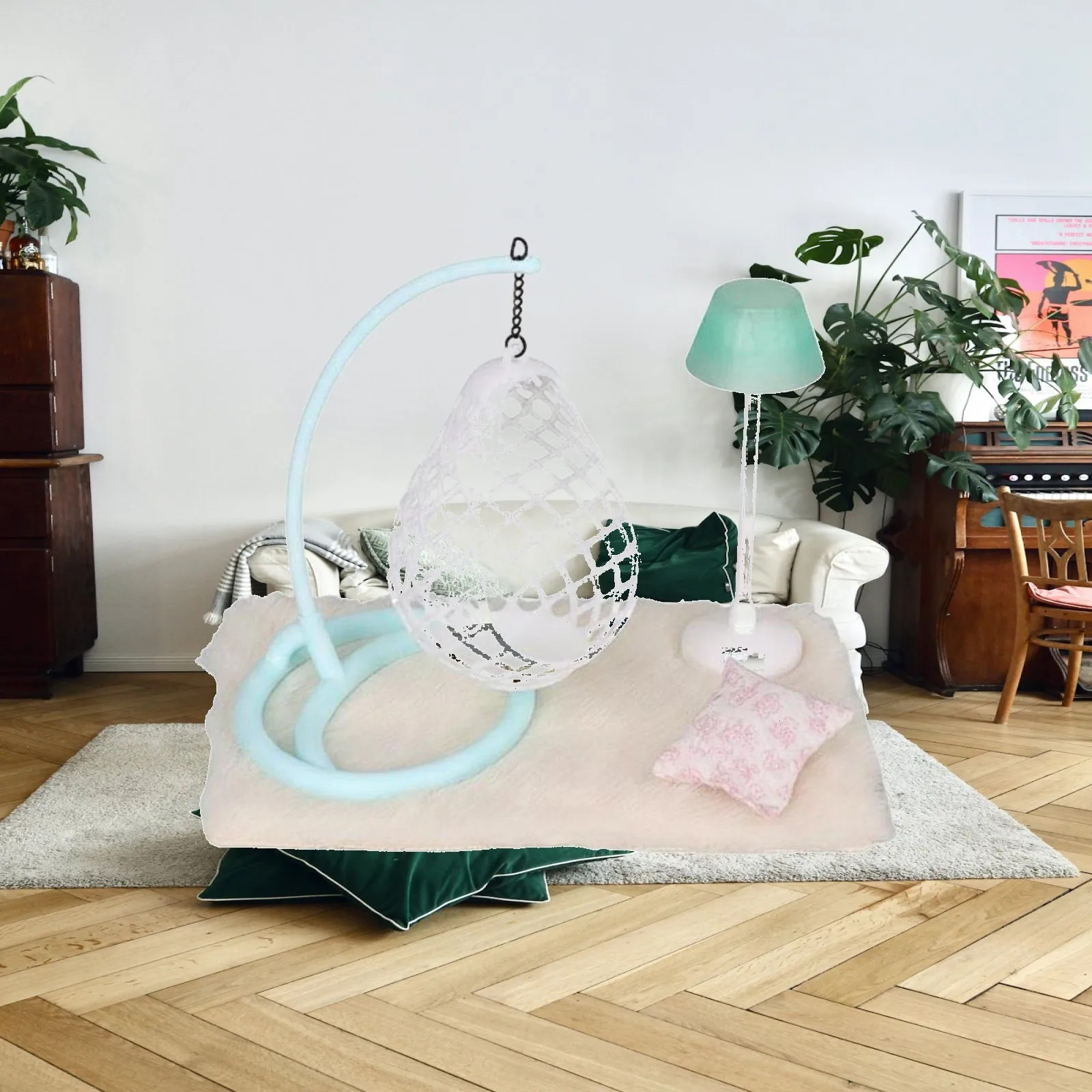 Miniature Hanging Seat Dollhouse Mini Chair Set with Floor Lamp Plush Rug for 1