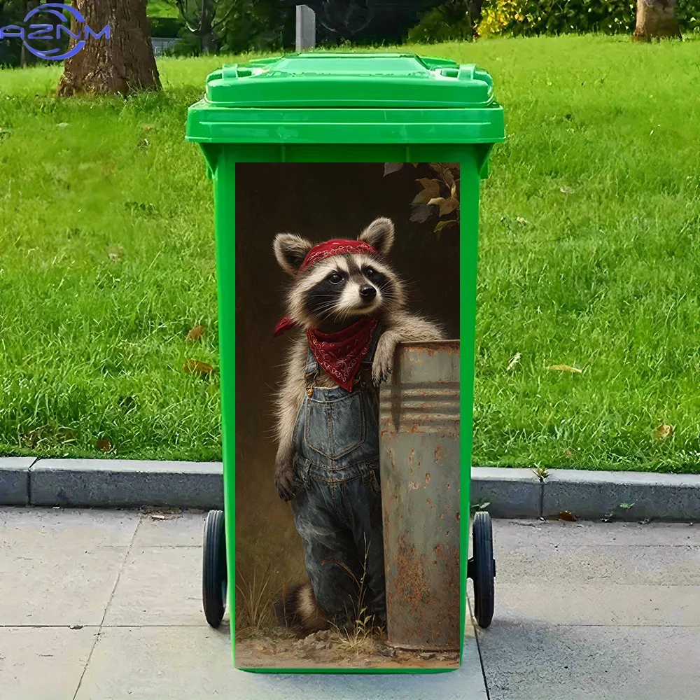 2D Flat Printing 1pc Trash Can Sticker  Raccoon's Workwear Show Themed Design Self-Adhesive Decorative Wallpaper for Kitchen T