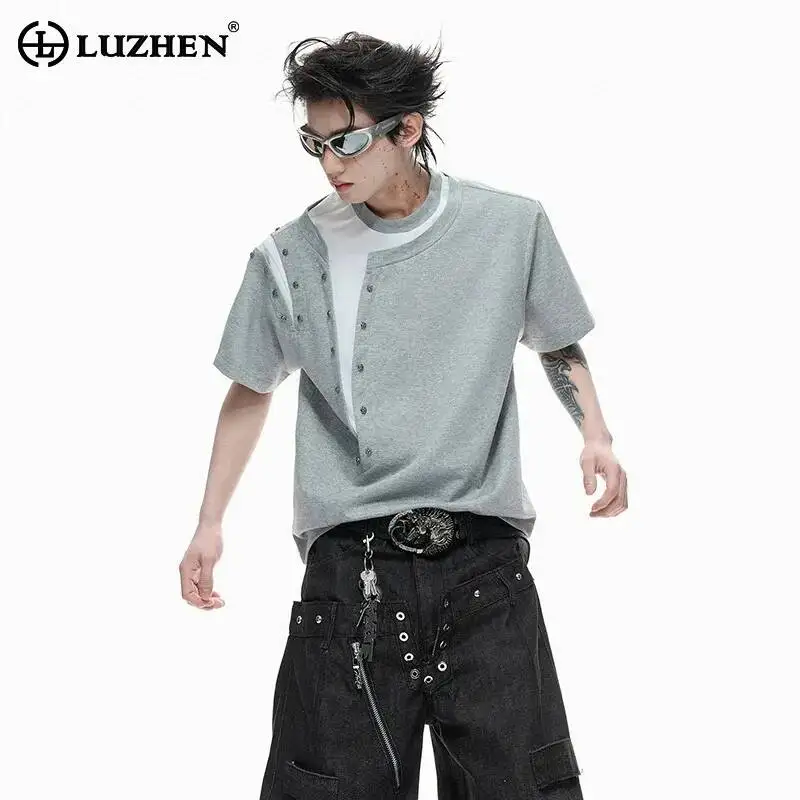 LUZHEN Design Summer Stylish Piece Niche Design 2026 Fake Two Color Contrast Short Sleeve T-shirts Men's Handsome Clothes JY7748