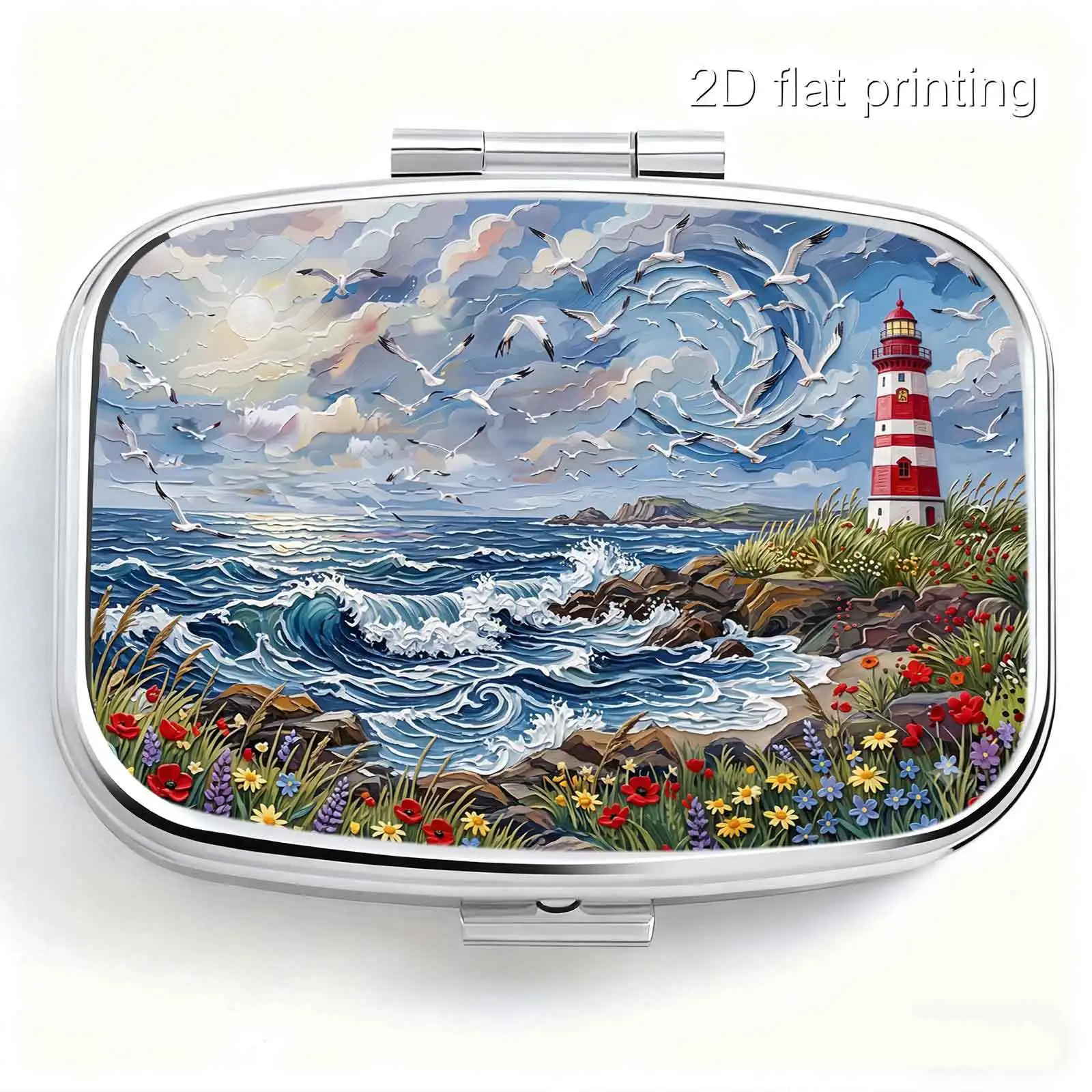 Single pack, flat print, portable pill box with mini dual compartments, featuring coastal lighthouse, ocean waves, and wildflower prints. Travel medicine storage box, sealed and moisture-proof. Capsule and vitamin dispensing box. Portable small pill box