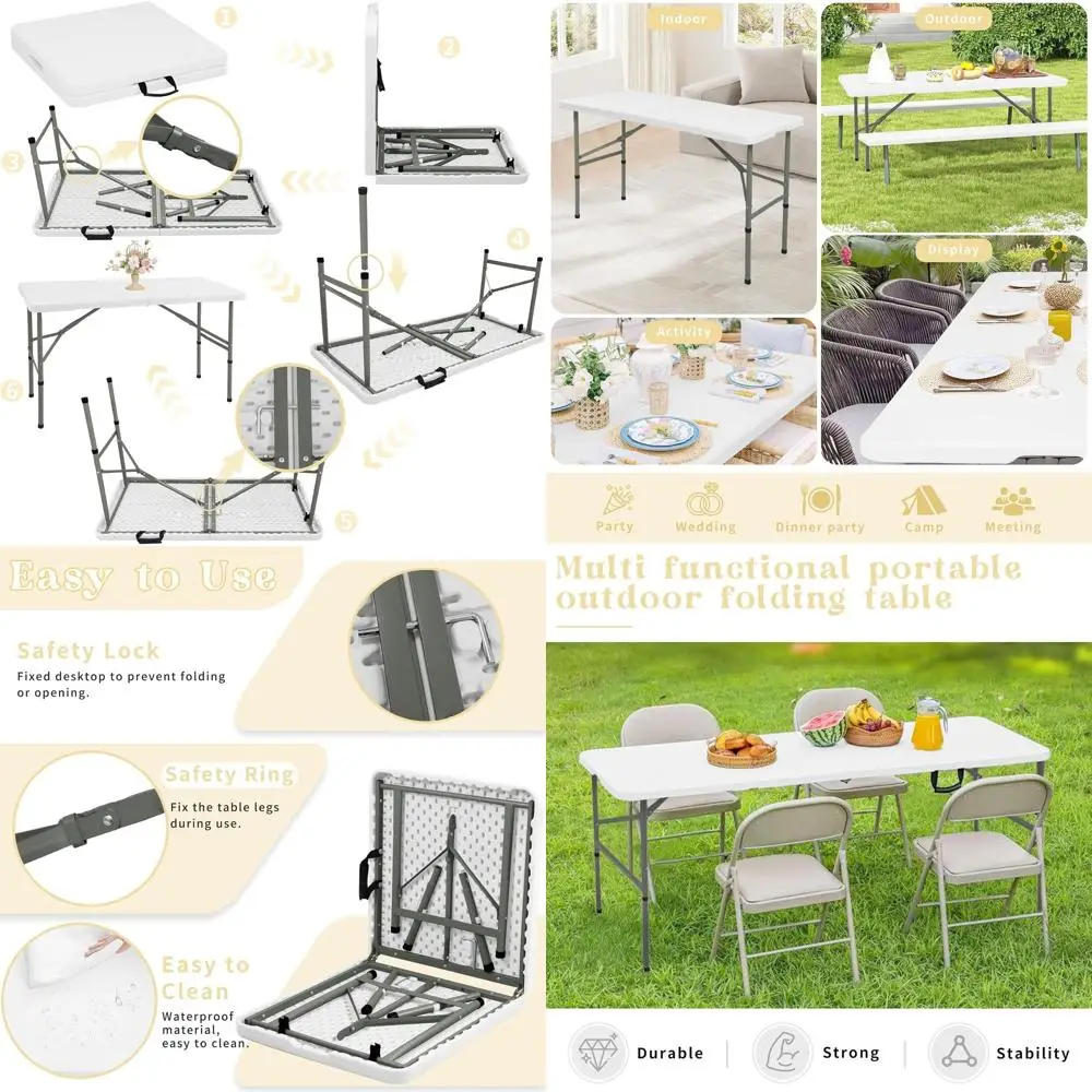 

Portable 4FT Folding Outdoor Dining Table with Steel Legs, Carrying Handle for Camping, Picnics, Parties, and Events (White)