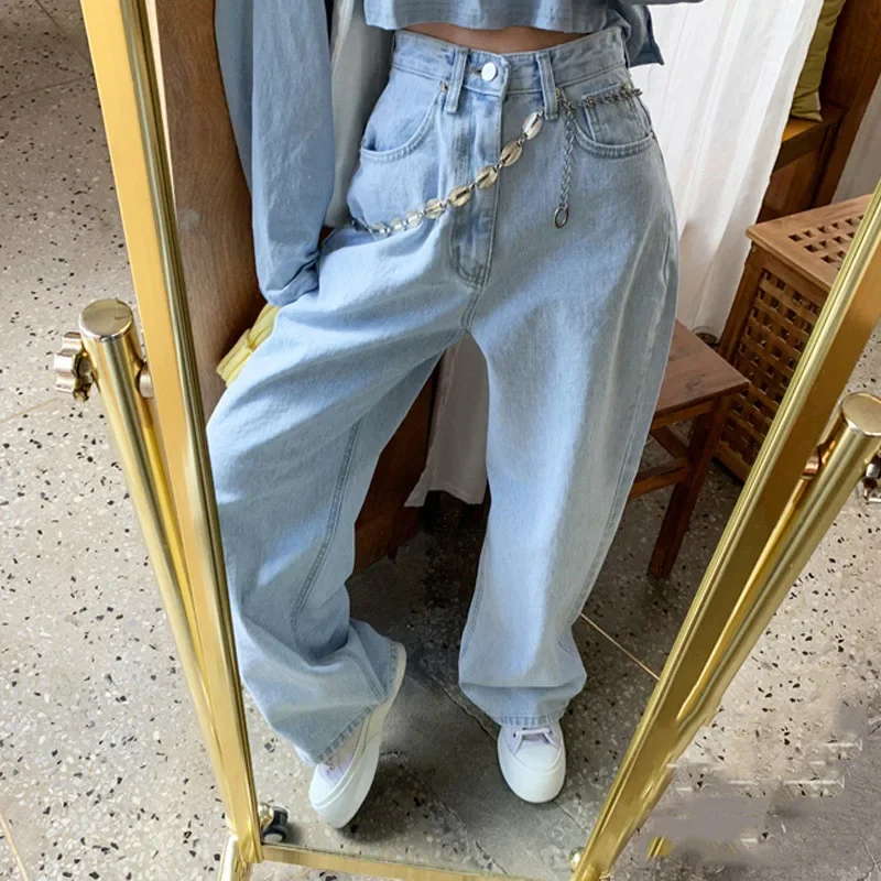 Fashion Washed Light Blue Pants High-waisted Straight Korean Wide-leg Casual Trousers Mopping Pants Baggy Jeans Women Clothing