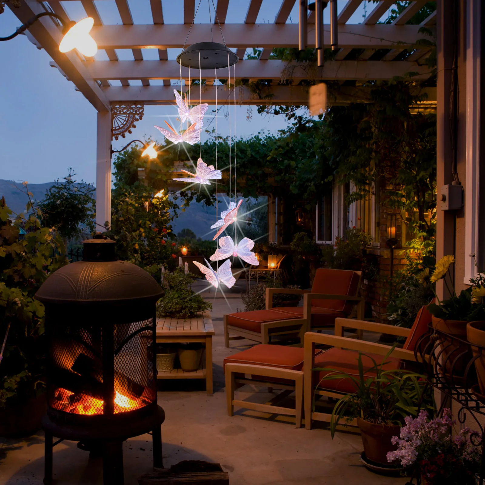 

1pc Solar Powered Butterfly Wind Chime Led Lamp Outdoor Garden Decor Light Solar Hanging Lamp For Yard Patio Bedroom