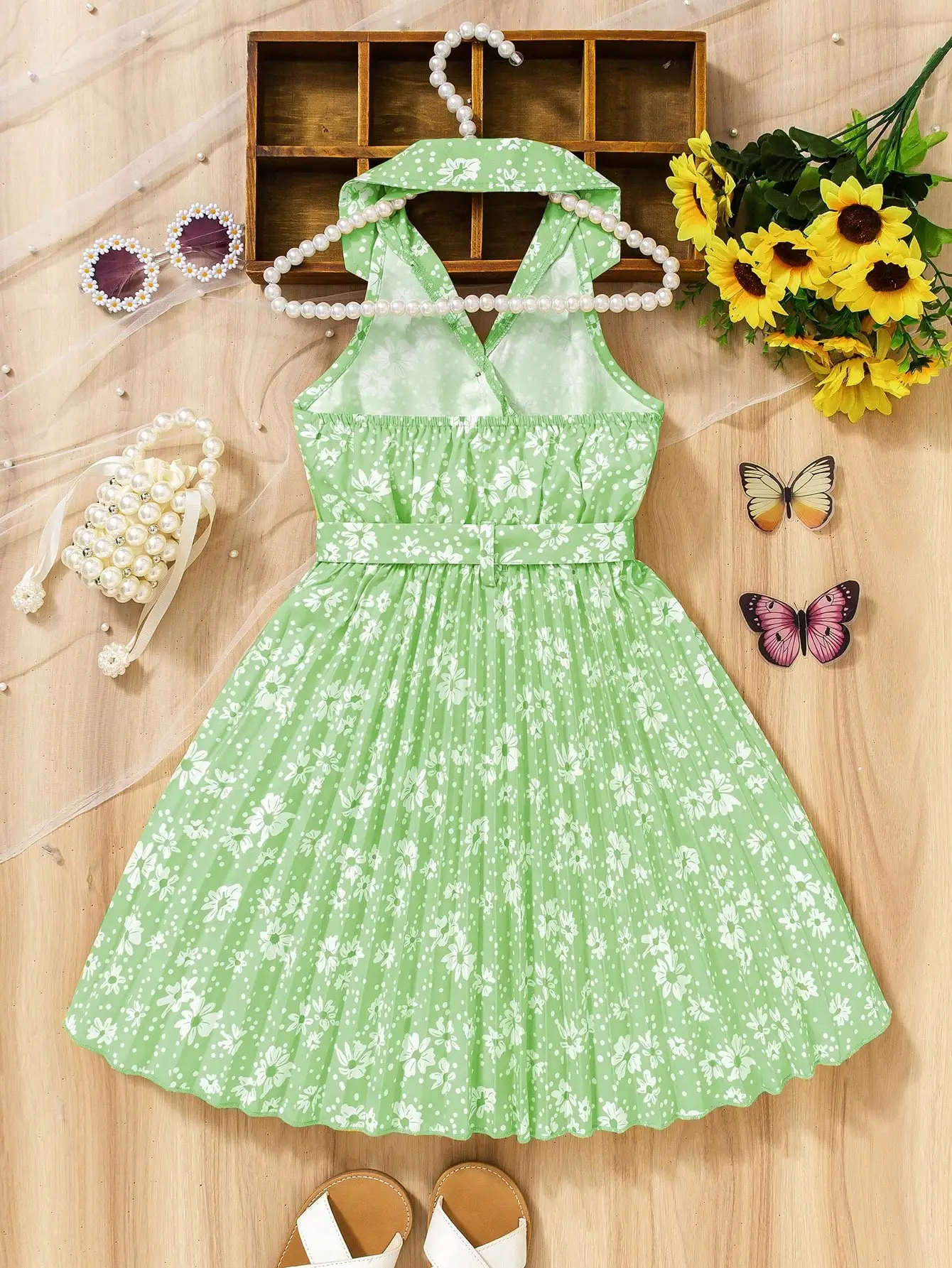 

Женское плиссированное платье без рукавов с цветочным принтом и поясом, в винтажном пасторальном стиле для летнего отдыха