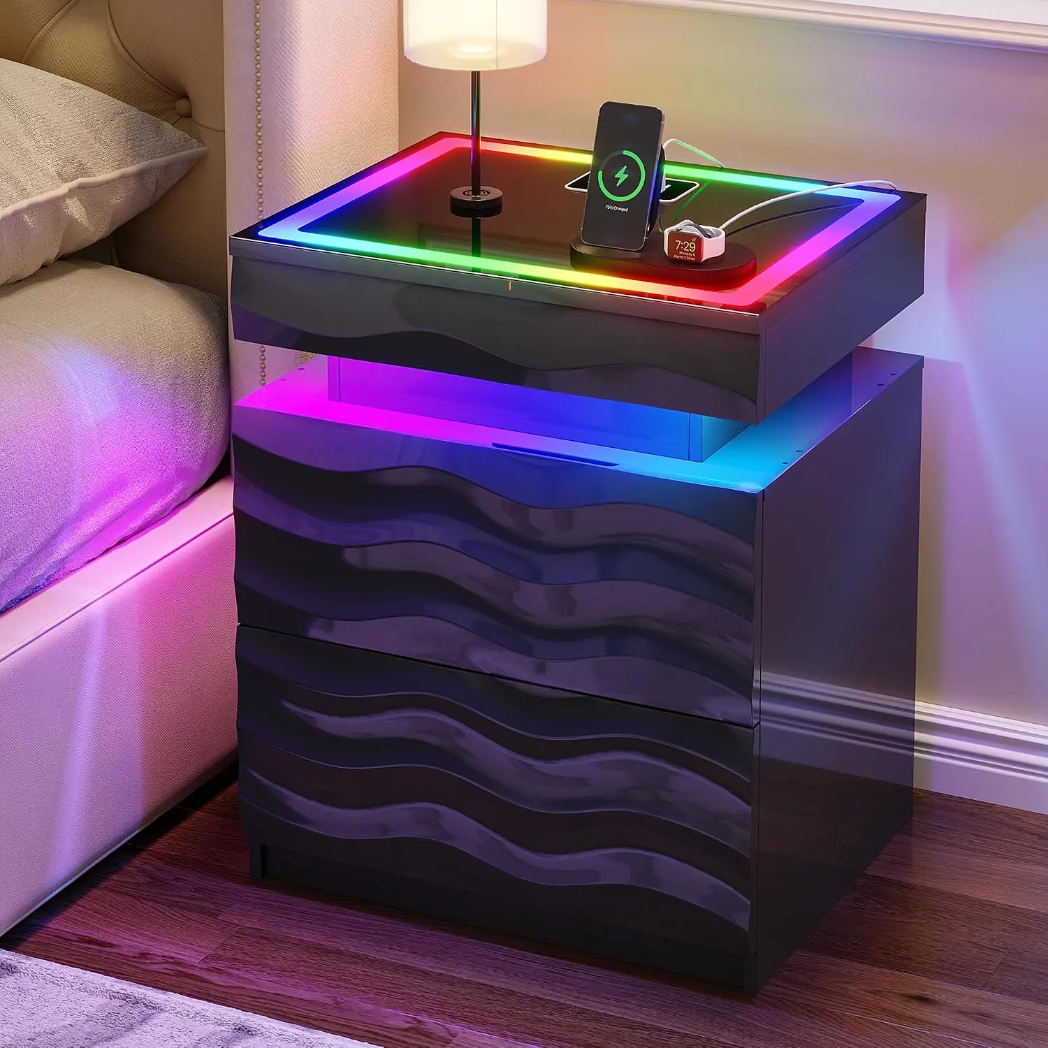 Nightstand With Charging Station Glass Top 3 Drawers Sensor Light Lock Storage Bedside Table Bedroom Living Room, Customized