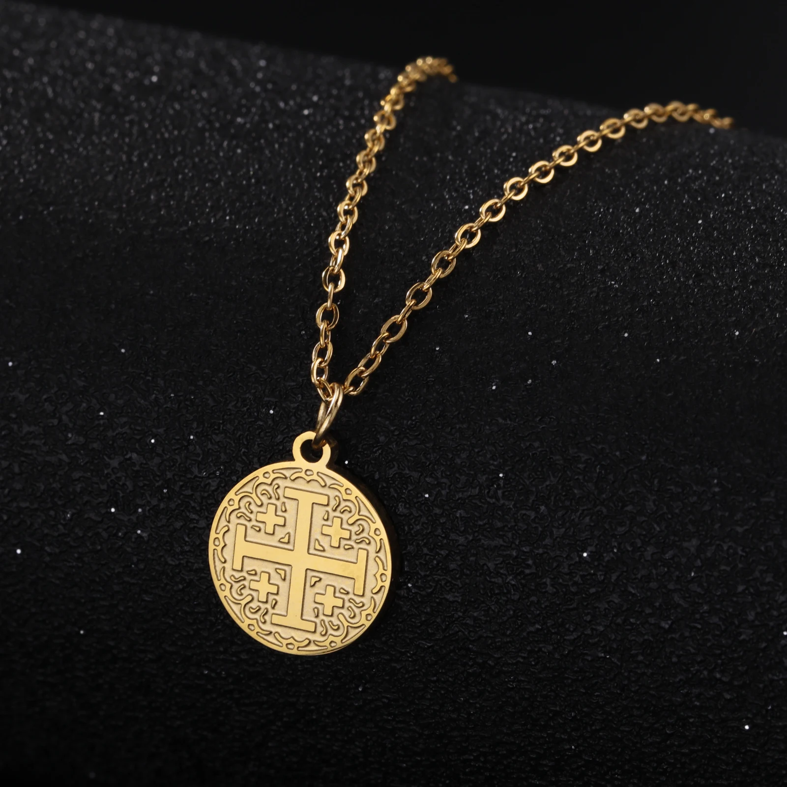 Jerusalem Cross Round Pendant Necklace Women Stainless Steel Gold Color Protection Greek Orthodox Jewelry Gift For Baptism