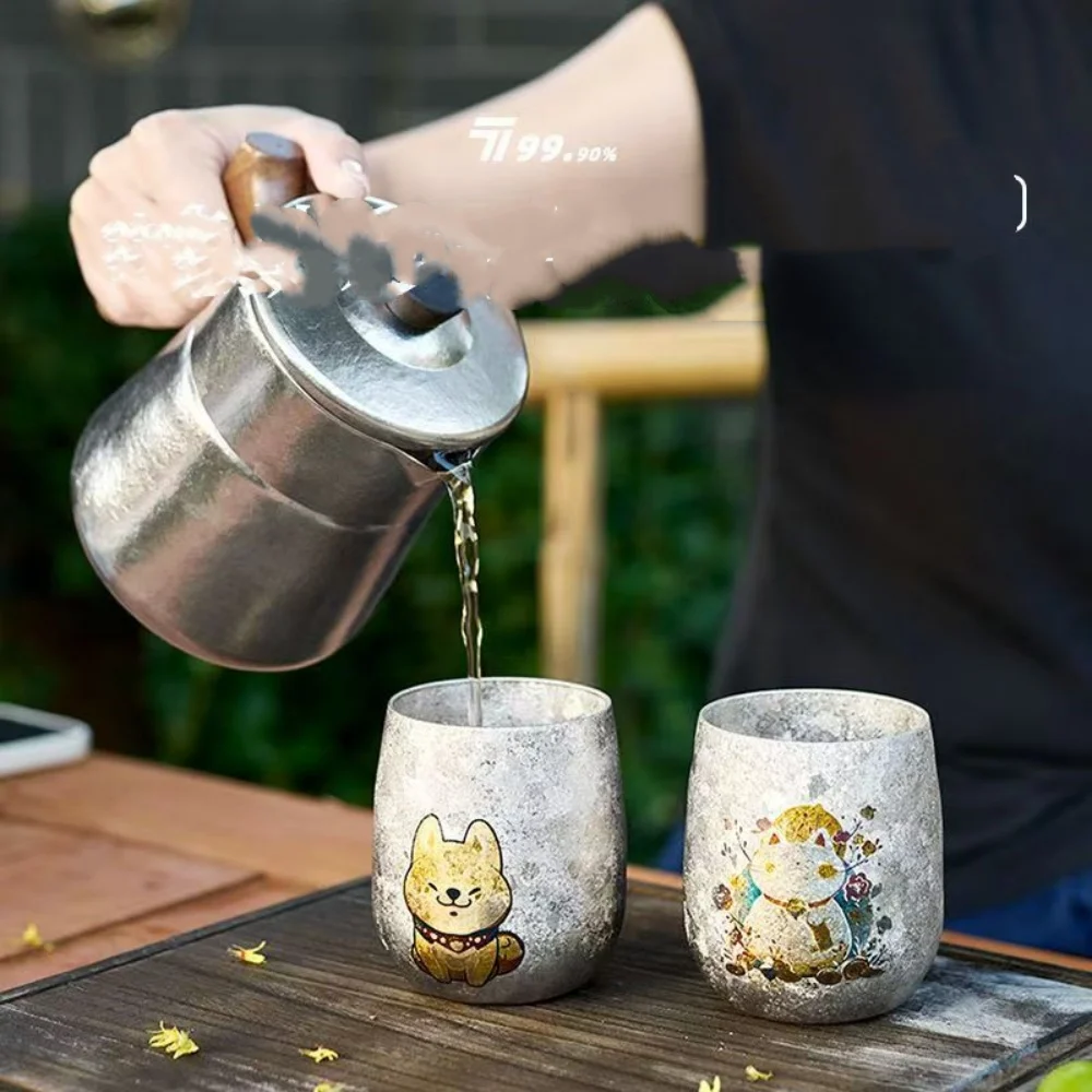 Pure Titanium Coffee Cup Cartoon Lucky Cat Shiba Inu Dog  Pattern Titanium Water Cup Japanese Style Teacup 240ML Egg Shaped Cup