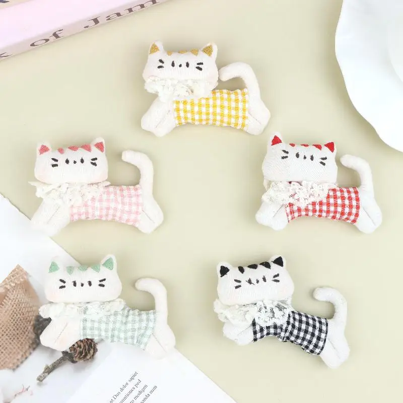 Fluffy Plaid Fabric Stuffed Kitten Ornament Cute Plush Cat Patch DIY Handmade Accessory for Sewing Scrapbooking Bags Decor