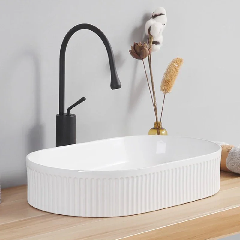 Bathroom Sink White Ceramic Washbasin Modern Minimalist Stripe Countertop Wash Hand Basin Hotel Toilet Nordic With Tap