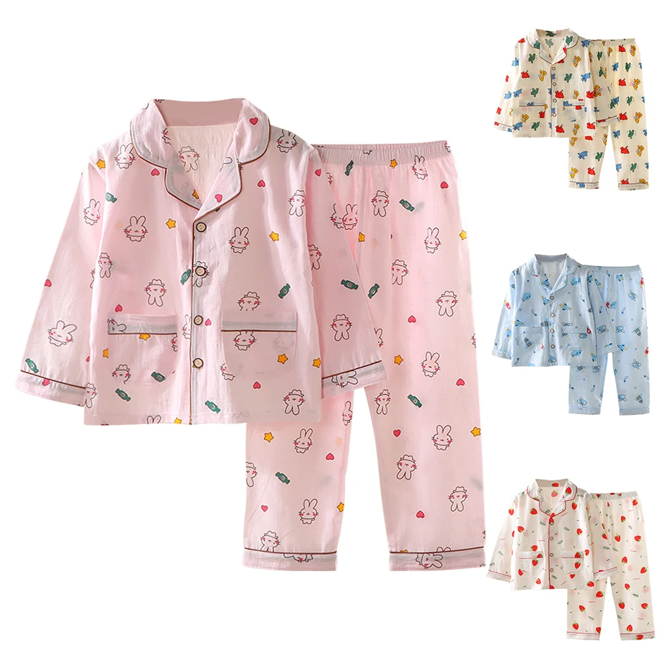 

2025 Children's Pajamas Sets Loungewear Set Summer Thin Print Lapel Long Sleeve Sleepwear Pants Girl Boy Top Children's Clothes