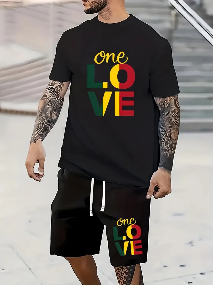 

One Love Monogram-printed Men's Short Sleeve Shorts Set Summer Casual Everyday Men's T-shirt Outdoor Sports Men's Beach Shorts