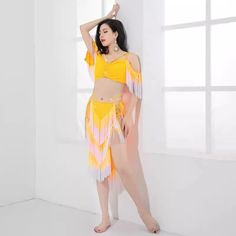 التباين اللون الزي مثير الخامس الرقبة ملابس رقص البطن مجموعة 2 قطعة تنورة الفتيات طبل منفردا الرقص المنافسة هامش الورك تنورة