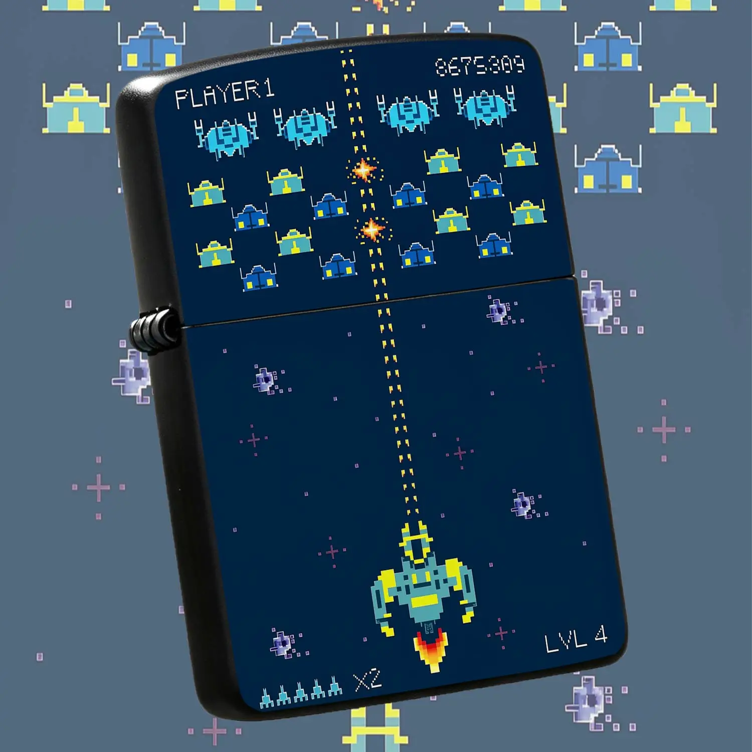 Retro 8-Bit Pixel Space Shooting Game Themed Pocket Accessory, Classic Nostalgic Arcade Screen Print, Stylish Trendy Small Item, Perfect For Daily Carry, Collection, Gifting And Various Casual Scenarios Use A Humorous And Interesting Lighte