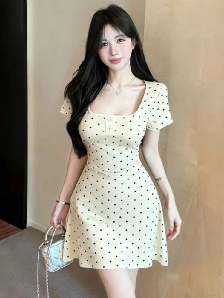 

Slimming A-Line Short Dress Women's Summer New Style Polka Dot Square Collar Shoulder Length Sleeve Korean Style Dress