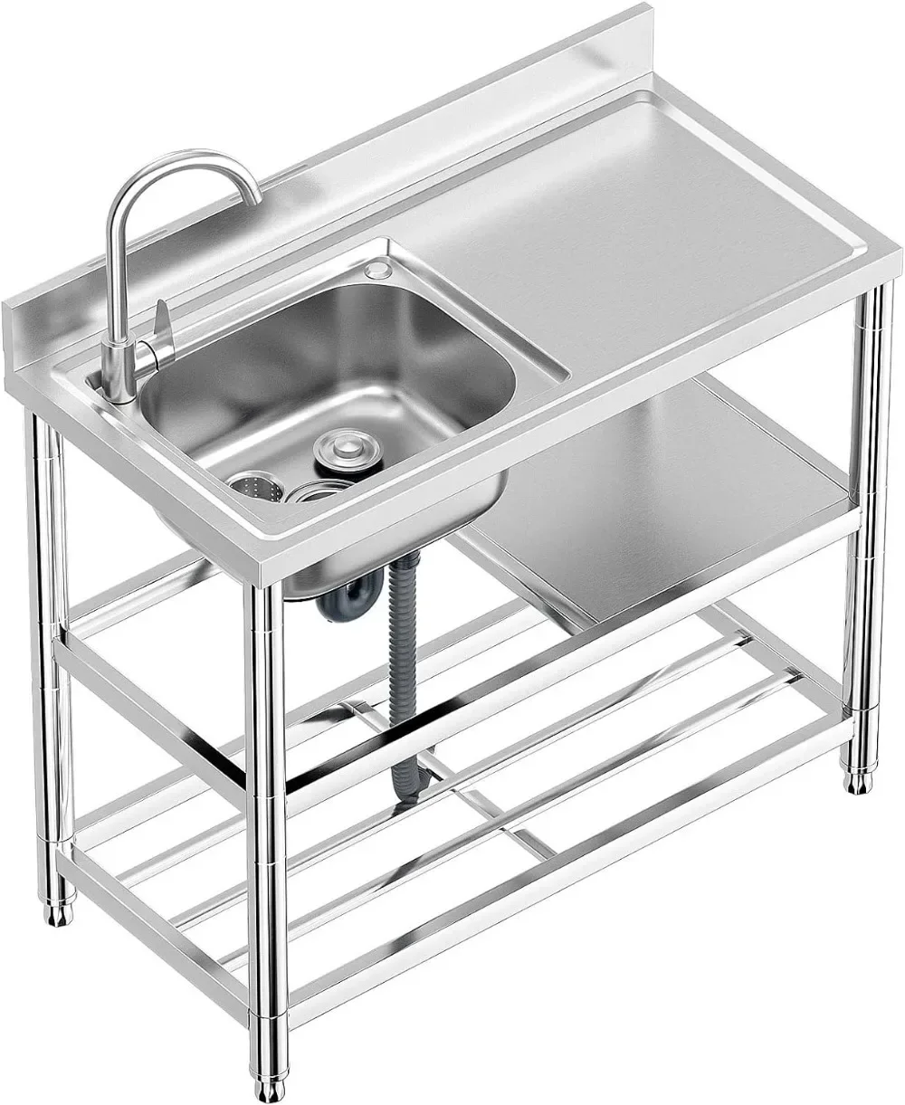 

Free Standing Stainless-Steel Single Bowl Commercial Restaurant Kitchen Sink Set W/Faucet & Drainboard Prep & Washing Hand Basin