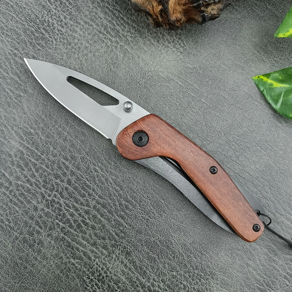 DA85 Tactical Outdoor Pocket Knife 5Cr13Mov Steel Blade Wooden Handle EDC Utility Folding Kinfe for Wilderness Camping Hiking