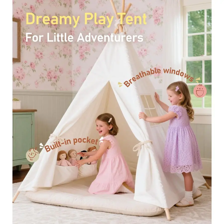 어린이용 접이식 티피 텐트, 휴대용 가방, 배너, 요정 조명, 올리브 가지, 네 개의 기둥 스타일의 원목 포함