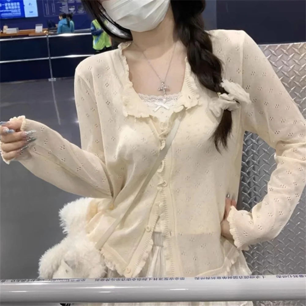 Korean Style Cute Hollow Out Thin Knit Cardigan Women Summer Black White Beige Pink Cardigan Long Sleeve Slim Short Button Top