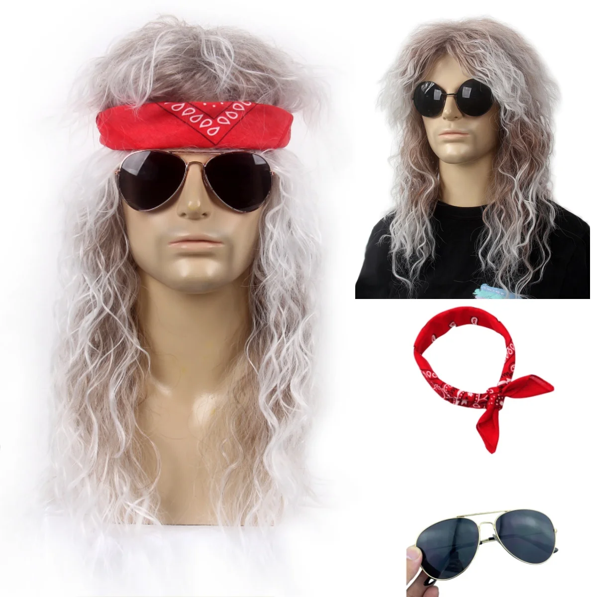 REEWES Black Long Mullet Wig With Bangs Brown 60s 70s 80s Disco Hair Curly Men Synthetic Wigs For Men Man Male Hippie Rocking