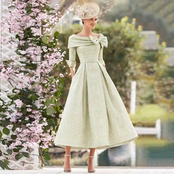 Elegant Square Neck with Bow Long Sleeves Mother of The Bride Dress Tea Length Evening Party Gowns 3/4 Sleeve Groom Dresses 2024