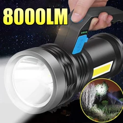 Linterna LED de alta potencia, linterna recargable por Usb, reflector portátil superbrillante para exteriores, lámpara de Camping integrada 18650