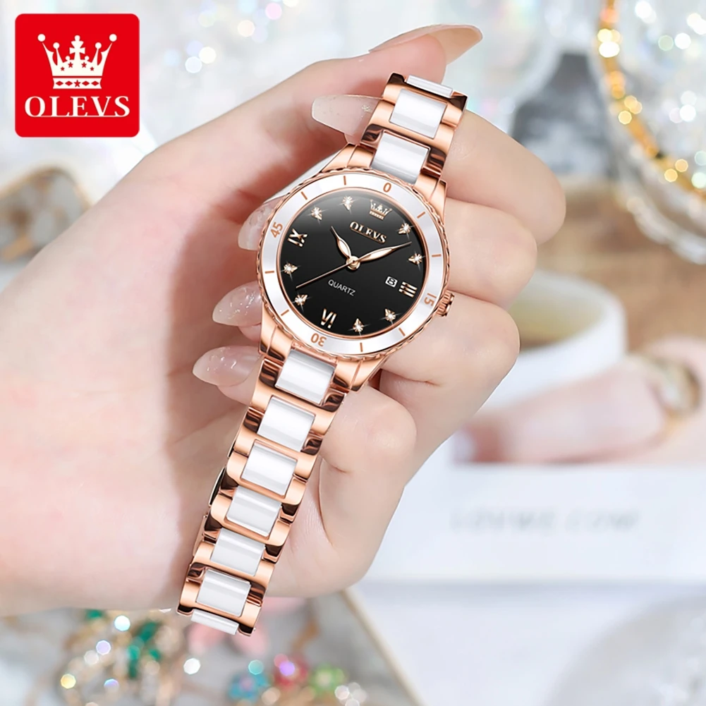 OLEVS 9985 New Watch For Women Ceramic Watchstrap Roman Scale Calendar Waterproof Luxury Elegant Quartz Women\'s Wristwatch Set