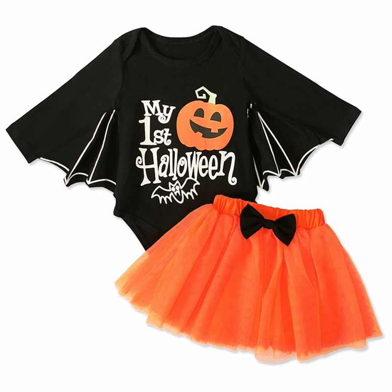 

2Piece Infant Girl Clothes Black Long Sleeve Cartoon Print Cute Baby Halloween Outfit Bodysuit+Lace Skirt Kids Clothing Set 1948