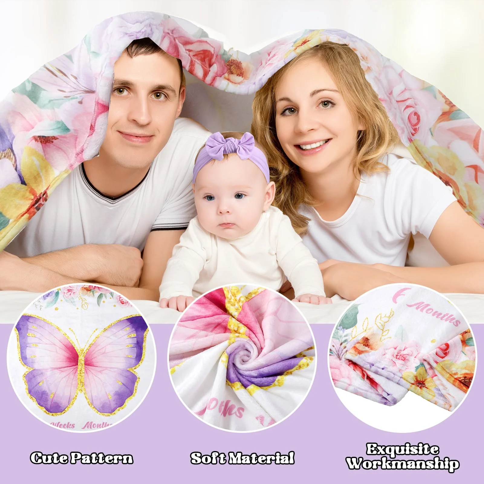 VIKAMA Butterfly Floral Baby Monthly Milestone Blanket, Soft Flannel Newborn Photo Mat for Girls Nursery Decor
