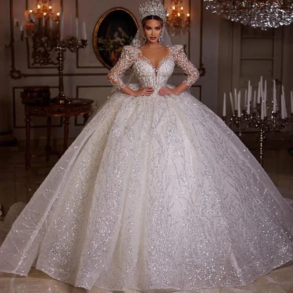 Ball Gown Sparkly Wedding Dresses Customized V Neck Long Sleeve Robe De Mariee Lace Beaded Princess Glitter Vestido De Novia