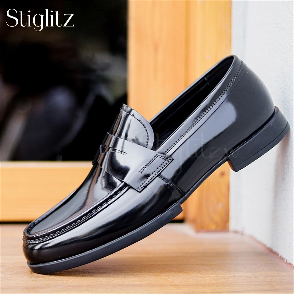 Patent Leather Loafers for Men Wine Red Genuine Leather Slip-On Business Casual Shoes Round Toe Comfortable Shoes Causal Flats