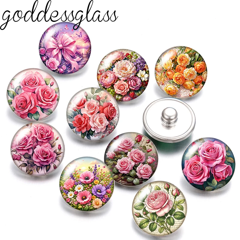 Blooming Flowers Rose Love and Warm 10pcs 12mm/18mm/20mm/25mm Round photo glass cabochon flat back Making findings snap buttons
