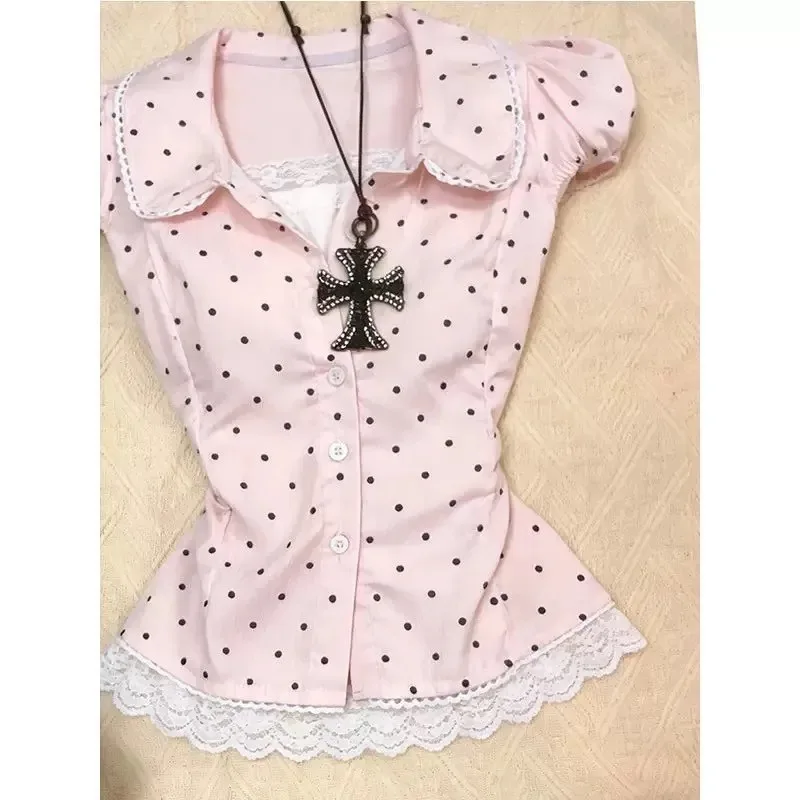 

Sweet Polka Dot Short Sleeve Shirt Women 2026 Summer Lapel Slim Waist Crop Top Vintage Y2k Aesthetic Spicy Girl Blouse