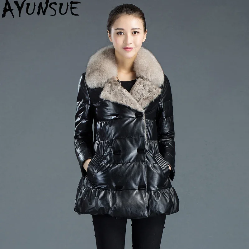 AYUNSUE 100% Real Sheepskin Coat Female Mink Fur Collar Down Jacket 2020 Winter Jacket Women Genuine Leather Jackets 4xl MY3672