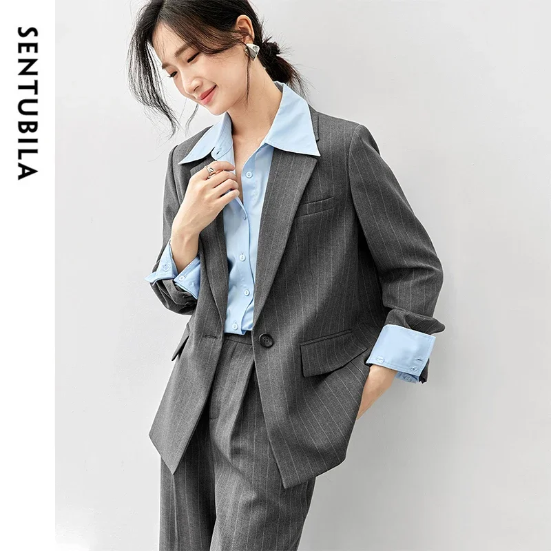 SENTUBILA Women's Blazer Pant Suits 2025 Spring Ladies Outfit Grey Striped Suit Jacket Straight Dress Pant 2 Piece Set 143Z56524