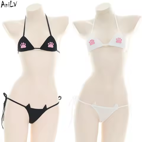 AniLV Lolita Girl Cute Cat Paw Beach Bikini Swimsuit Anime Costume Summer Women Three point Swimwear Uniform Pool Party Cosplay