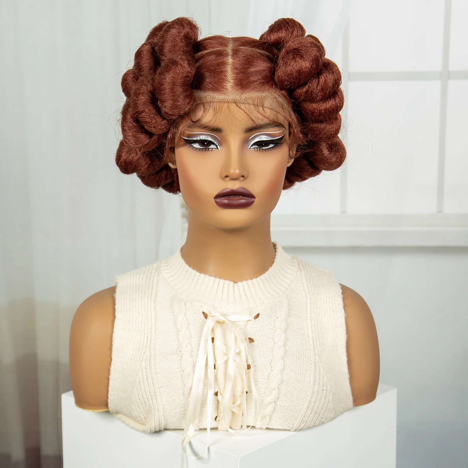 Bantu Braided Wigs Synthetic Transparent Full Lace Braided Lace Wigs Ginger Orange Color Short Cute Handmade Knotless Braids Wig