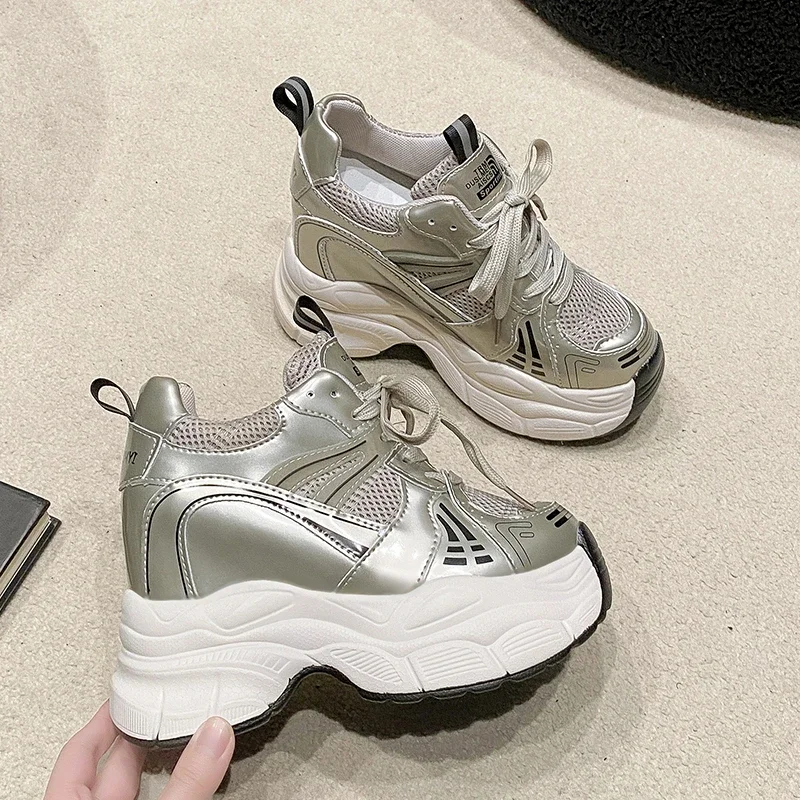 

New Spring Women Breathable Mesh Chunky Sneakers 10CM High Platform Casual Shoes Lace-up Summer Sports Leather Shoes Woman 2024