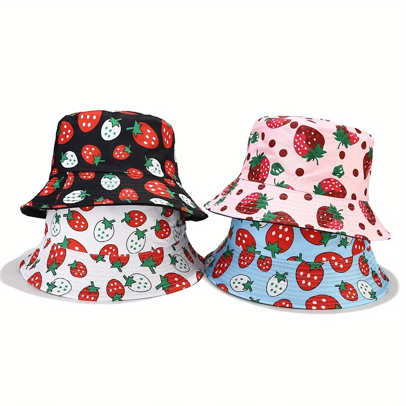 

Print Strawberry Sunshade Bucket Hats Fruit Cartoon Big Brim Panama Foldable Outdoor Sports Cycling Travel Beach Fisherman Hat