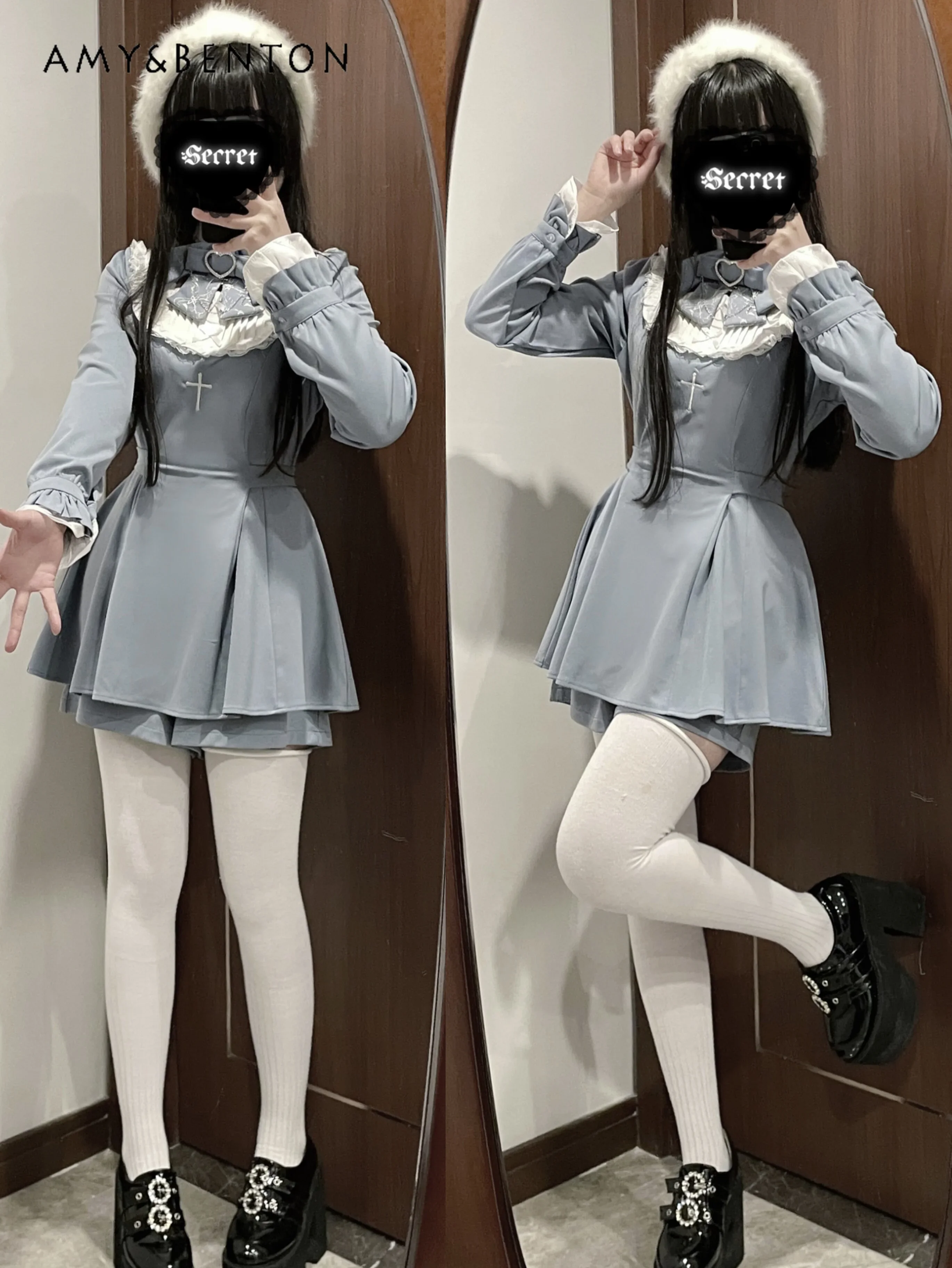 Mine Series Mass-produced Lolita Two-piece Set Women Japanese Cute Bow Long-sleeved Slim-fit Shirt Short Subculture Outifits