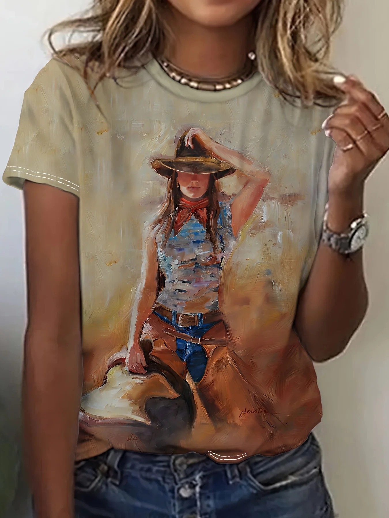 2024 Ranch Cowgirl Print T-Shirt For  Women's Plus Size Summer Design Female Crop Neck Top Women's Clothing Shirt Fashion Cheap