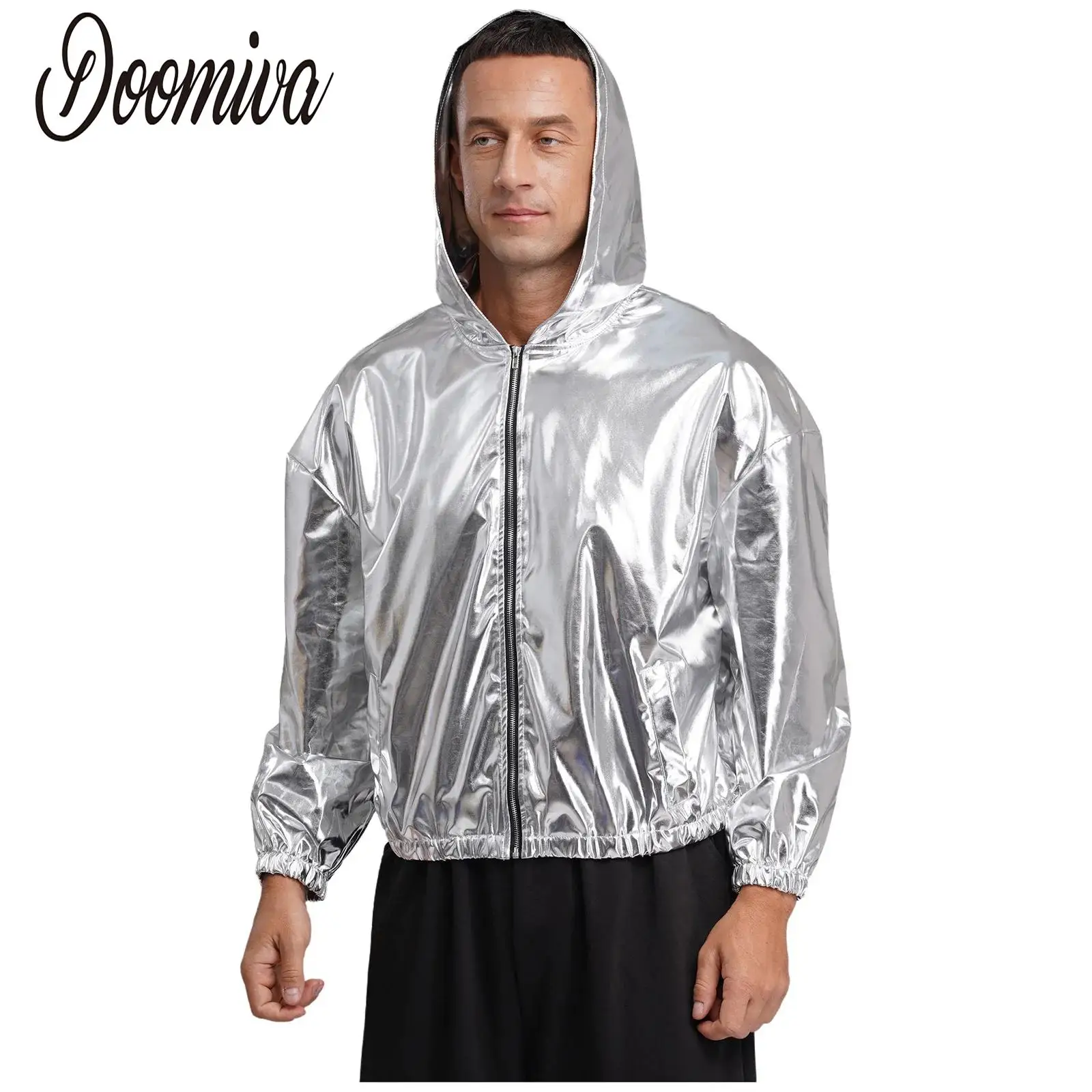 

Men Holographic Jacket Jazz Modern Dance Coat Long Sleeve Hooded Zipper Metallic Coat Shiny Club Wear Street Hip Hop Dancewear