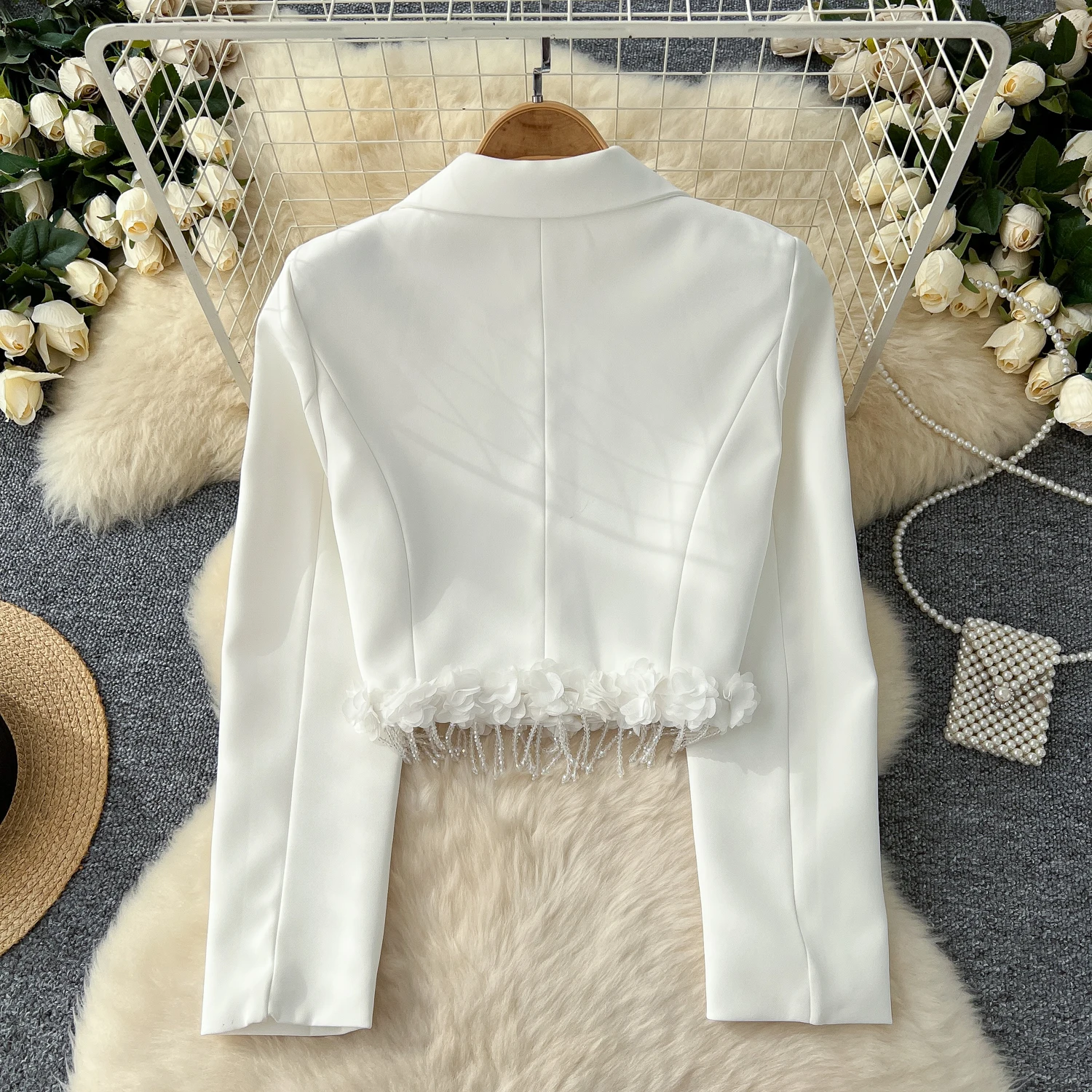 Chic Notched Neck Basics Long Sleeve Elegant 3D Floral Beading Tassel Slim Coat French Streetwear High Street Autumn Winter Top