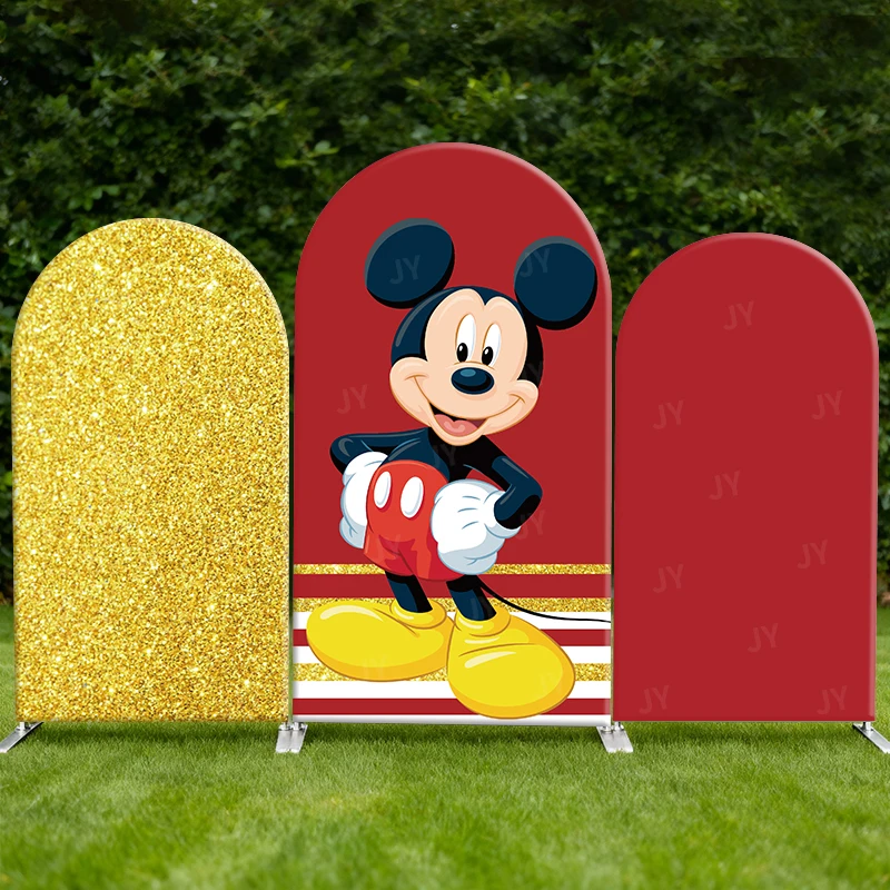 

Mickey Mouse Arch Backdrop Gold Glitter Red Birthday Party Decor Customized Elastic Fabric Disney Cartoon Photography Background