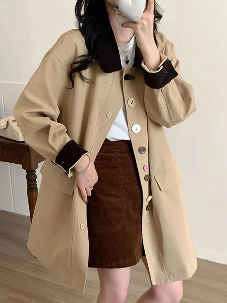 Women Elegant Chic Long Trench Fall Winter Long Sleeve Loose Patchwork Buttons Coat Fashion Casual Turn Down Collar Jacket New